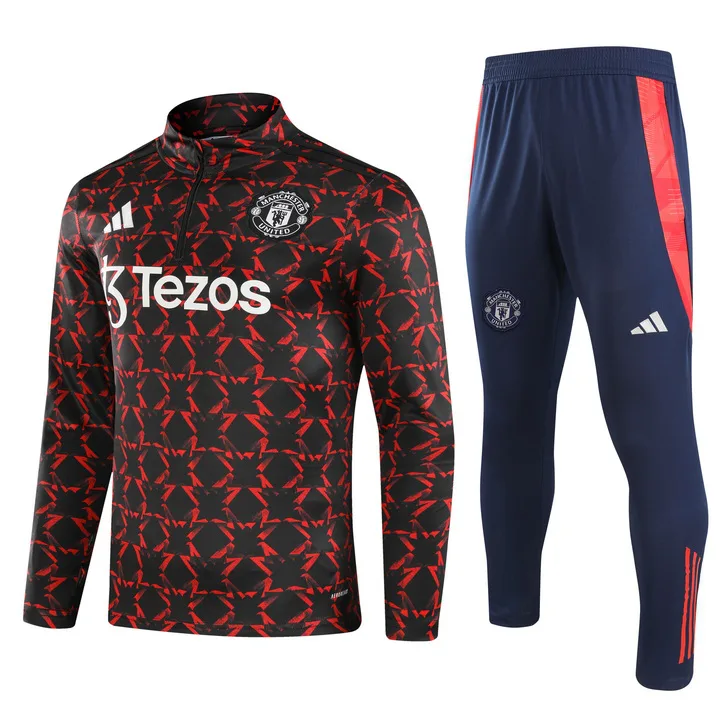 2024/2025 Manchester United Half-Pull Trainingsanzug Rot-Schwarz bedruckt Fußballtrikot  Set — main view