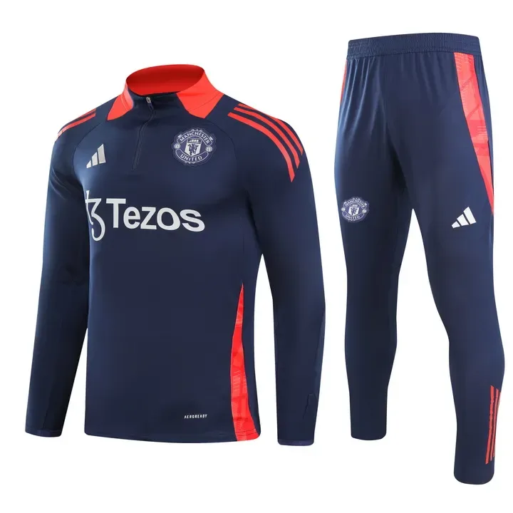 Ensemble d'Entraînement Half-Pull Manchester United 2024/2025 Bleu Royal Col Rouge  — main view