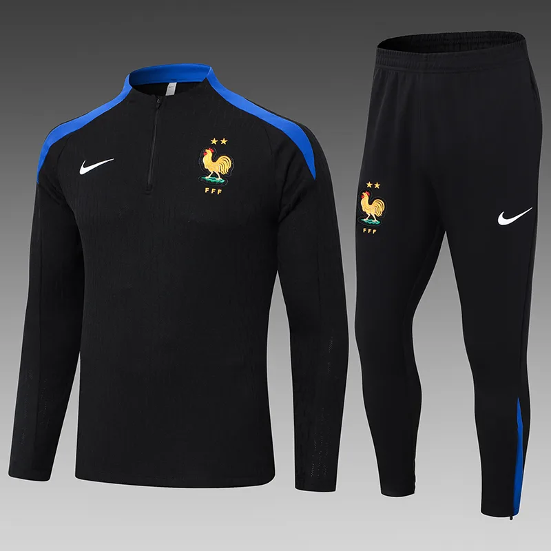 2024-2025 Frankreich Halb-Reißverschluss Trainingsanzug Schwarz Fußballtrikot-Set — main view