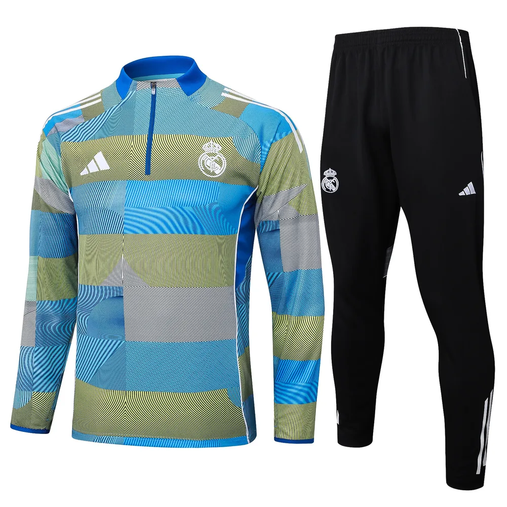2025/2026 Real Madrid Blau-grün gestreift Inkjet Half-Pull Trainingsanzug Fußballtrikot  Set — main view