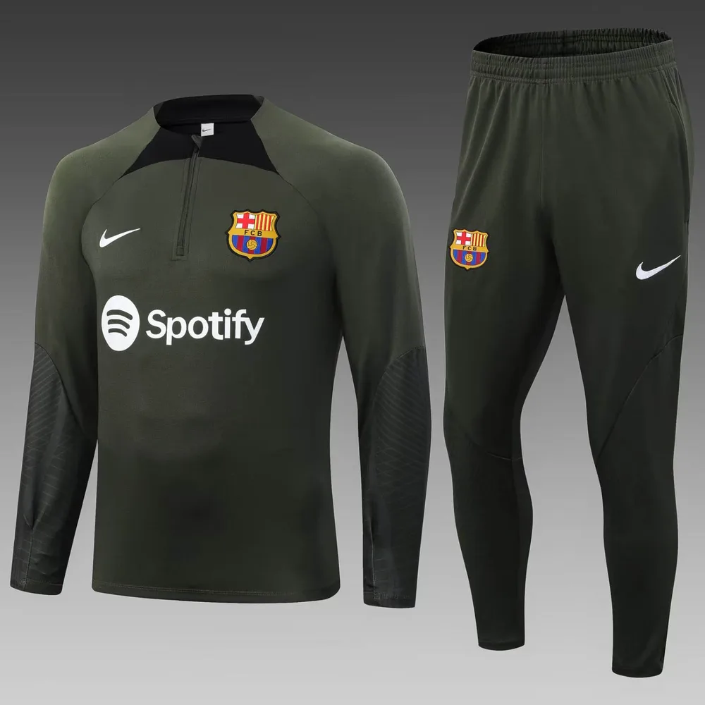 2023/2024 Barcelona Halb-Reißverschluss Trainingsanzug Armeegrün Trikot Set — main view