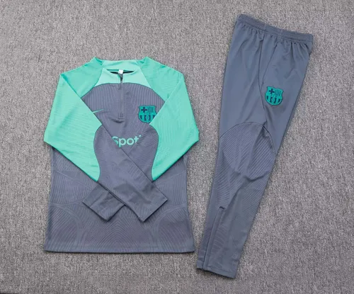 2023/2024 Barcelona Halb-Reißverschluss Trainingsanzug Grün-Grau Trikot Set — view 7