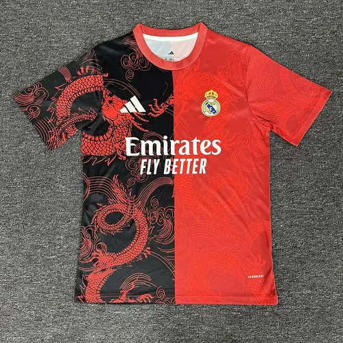Camisa Real Madrid 2025/2026 Padrão Dragão Vermelha e Preta Futebol Jersey  — view 1