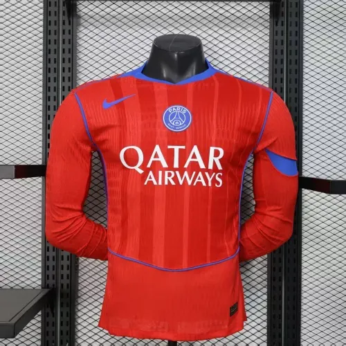 2025/2026 Long Sleeve Player Version Paris Saint-Germain Third away Red Football Shirt 